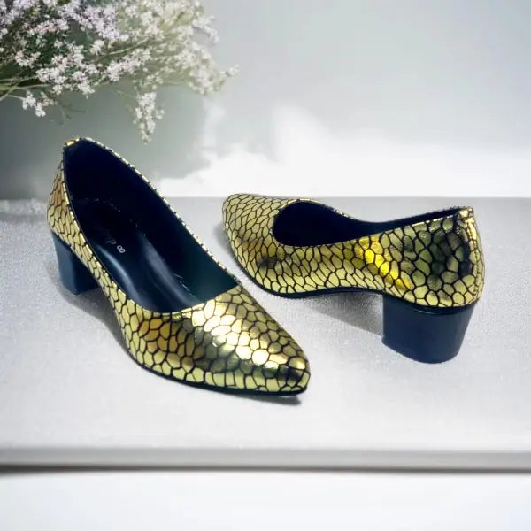 Golden Auric Scales Block Heel PIU_186 Shine Sweet Gold-Coated Finish ladies shoes PumpItUp.pk