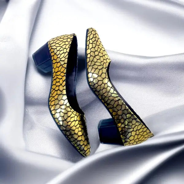 Golden Auric Scales Block Heel PIU_186 Shine Sweet Gold-Coated Finish ladies shoes PumpItUp.pk
