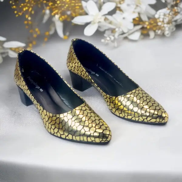 Golden Auric Scales Block Heel PIU_186 Shine Sweet Gold-Coated Finish ladies shoes PumpItUp.pk