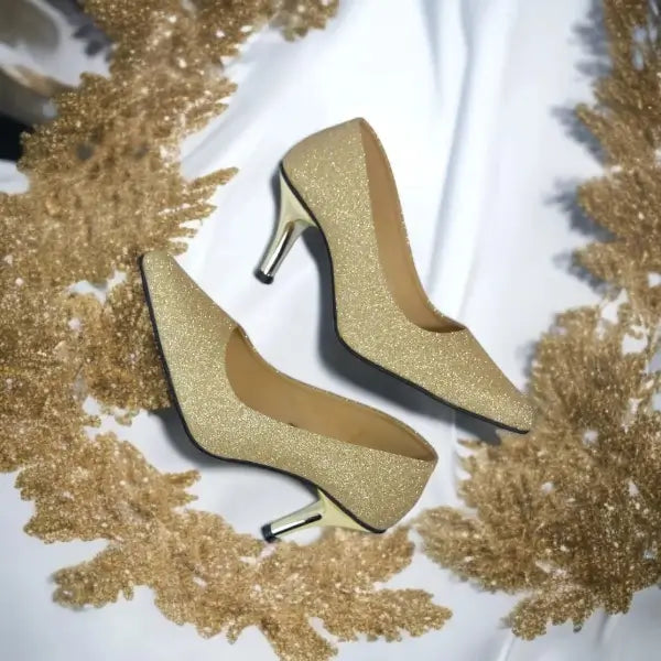 Golden Glitter Shine Court Shoe Heel PIU_85 shine rexine ladies shoes PumpItUp.pk
