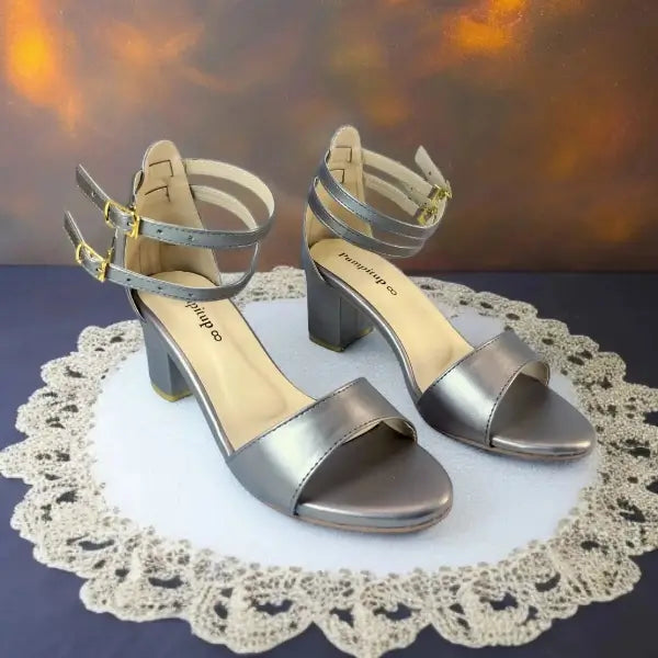 Gray Lava Double Straps Block Heel Sandal PIU_161 Sofa Rexine ladies shoes PumpItUp.pk