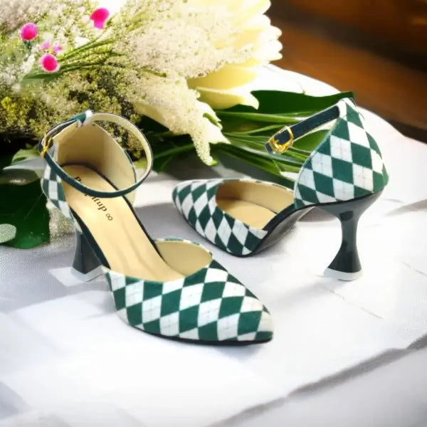 Green Diamond Heels PIU_198 Sweet Fabric Rexine ladies shoes PumpItUp.pk