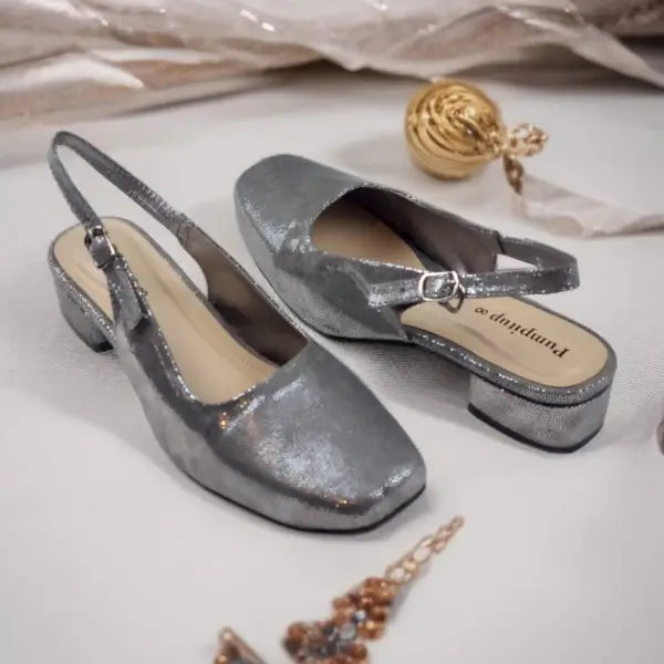 Metallic Gala Gleam Slingback Block Heel PIU_215 Imported Sofa Rexine ladies shoes PumpItUp.pk