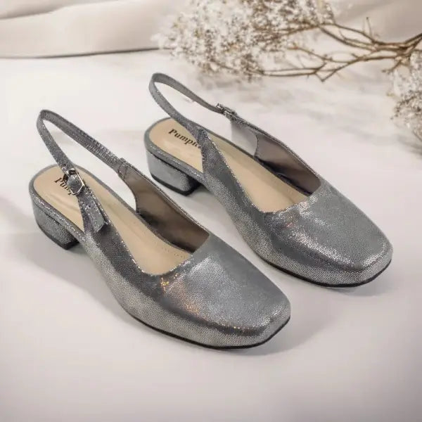 Metallic Gala Gleam Slingback Block Heel PIU_215 Imported Sofa Rexine ladies shoes PumpItUp.pk