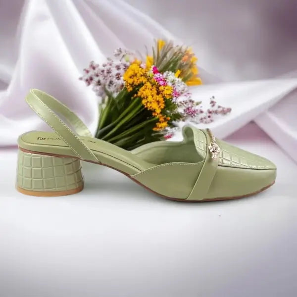 Mint Waffle Charm Slingback Block Heel PIU_221 Imported Sofa Rexine ladies shoes PumpItUp.pk