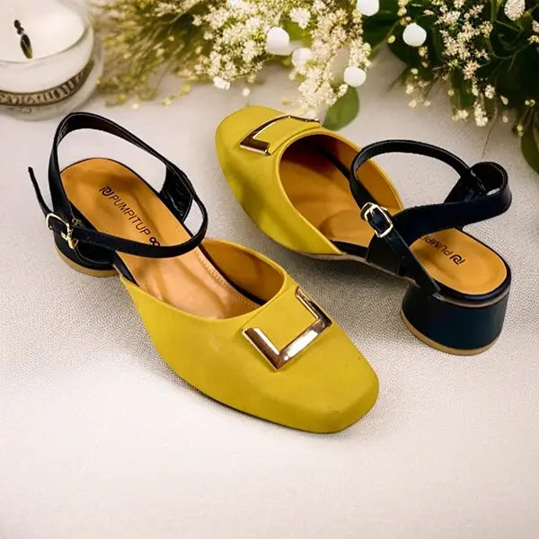 Musturd Glow Duo Slingback Block Heel PIU_251 Amarah Rexine ladies shoes PumpItUp.pk