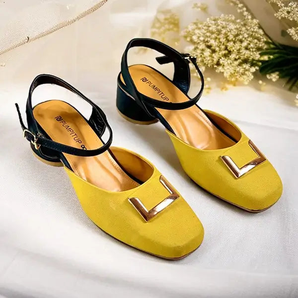 Musturd Glow Duo Slingback Block Heel PIU_251 Amarah Rexine ladies shoes PumpItUp.pk