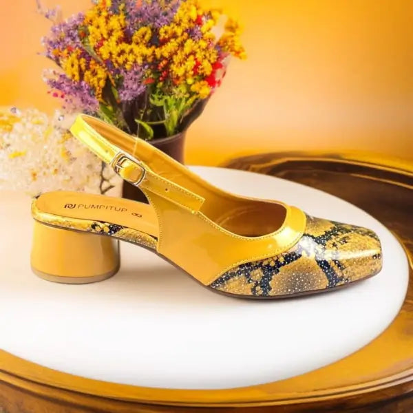 Mustard Python Power Slingback Block Heel PIU_218 Imported Patent Rexine ladies shoes PumpItUp.pk