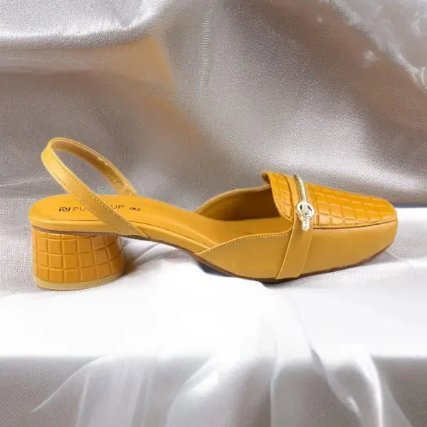 Mustard Waffle Charm Slingback Block Heel PIU_220 Imported Sofa Rexine ladies shoes PumpItUp.pk