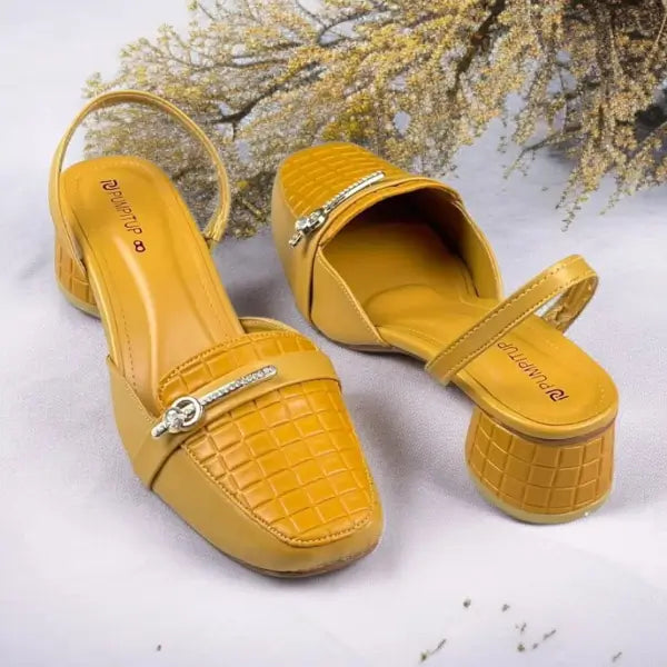 Mustard Waffle Charm Slingback Block Heel PIU_220 Imported Sofa Rexine ladies shoes PumpItUp.pk