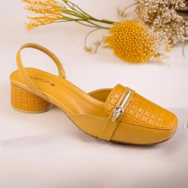 Mustard Waffle Charm Slingback Block Heel PIU_220 Imported Sofa Rexine ladies shoes PumpItUp.pk