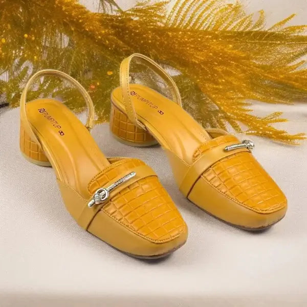 Mustard Waffle Charm Slingback Block Heel PIU_220 Imported Sofa Rexine ladies shoes PumpItUp.pk