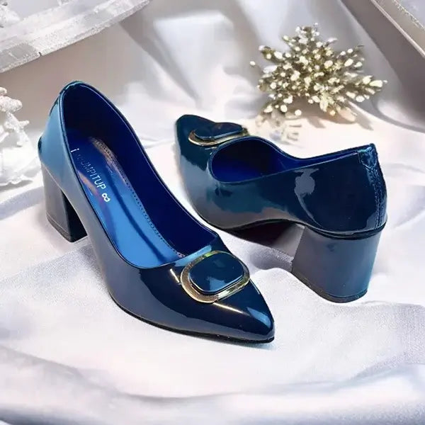 Navy Blue Glossy Block Heel PIU_240 Patent Rexine ladies shoes PumpItUp.pk