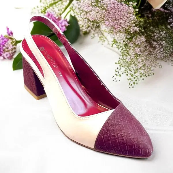 Off White & Mehroon Charm Slingback Block Heel PIU_229 Sofa & Fabric ladies shoes PumpItUp.pk