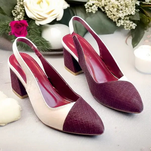 Off White & Mehroon Charm Slingback Block Heel PIU_229 Sofa & Fabric ladies shoes PumpItUp.pk