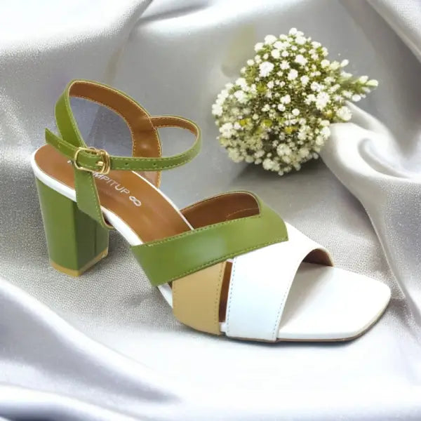 Olive Charm Block Heels Sandal PIU_193 Sofa Rexine ladies shoes PumpItUp.pk