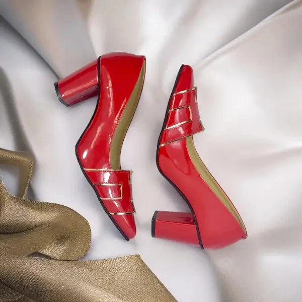 Red H Block Heel Court Shoe PIU_108 patent rexine ladies shoes PumpItUp.pk