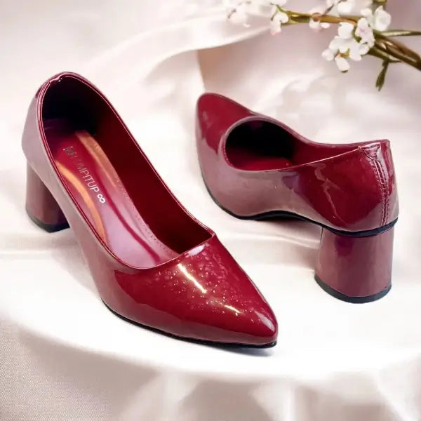Red Midnight Gloss Block Heels PIU_233 Dot Patent Rexine ladies shoes PumpItUp.pk