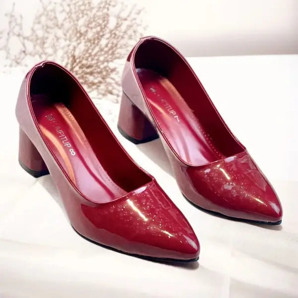 Red Midnight Gloss Block Heels PIU_233 Dot Patent Rexine ladies shoes PumpItUp.pk