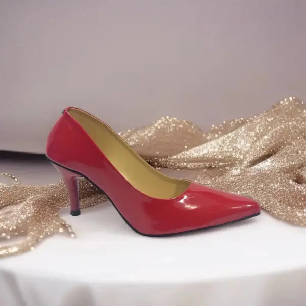 Red Reflected Comfy Pancil Heel Pump PIU_51 Red Shine Patent Rexine ladies shoes PumpItUp.pk