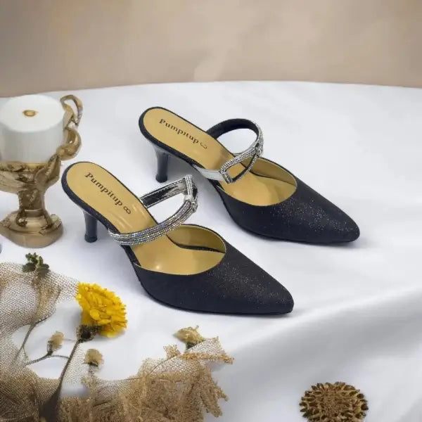 Shiny Black Pencil Heel Party Pump PIU_34 Shine Rexine ladies shoes PumpItUp.pk