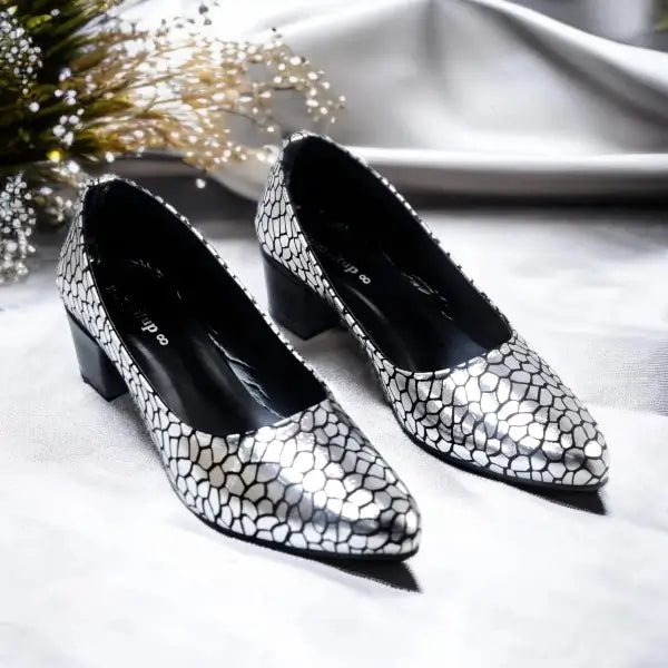 Silver Auric Scales Block Heel PIU_187 Shine Sweet Silver-Coated Finish ladies shoes PumpItUp.pk