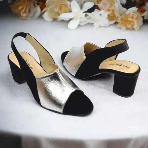 Silver Rush Slingback Block Heel Sandal PIU_188 Sweet & French Gold Rexine ladies shoes PumpItUp.pk