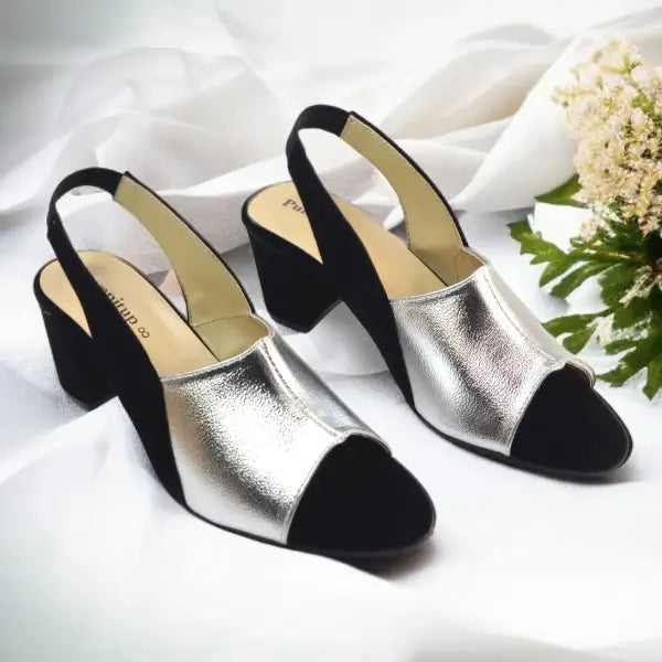Silver Rush Slingback Block Heel Sandal PIU_188 Sweet & French Gold Rexine ladies shoes PumpItUp.pk