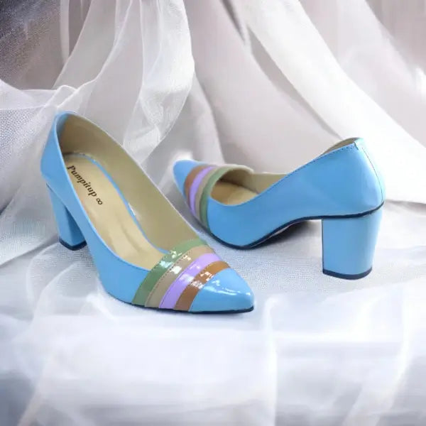 Sky Blue Aurora Glow Block Heel PIU_185 Patent Rexine ladies shoes PumpItUp.pk