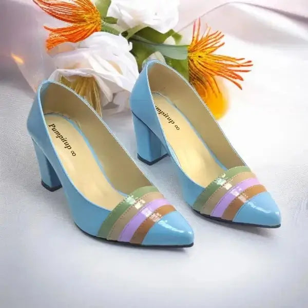 Sky Blue Aurora Glow Block Heel PIU_185 Patent Rexine ladies shoes PumpItUp.pk