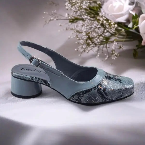 Slate Gray Python Power Slingback Block Heel PIU_219 Imported Patent Rexine ladies shoes PumpItUp.pk