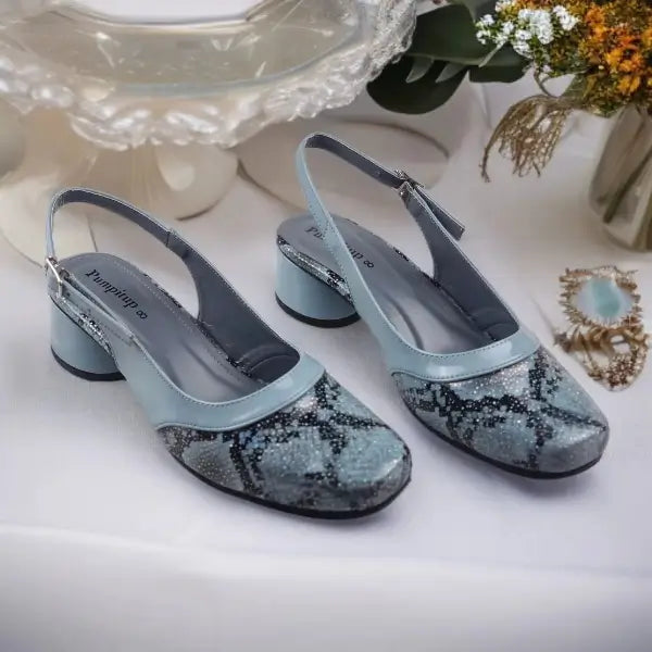 Slate Gray Python Power Slingback Block Heel PIU_219 Imported Patent Rexine ladies shoes PumpItUp.pk