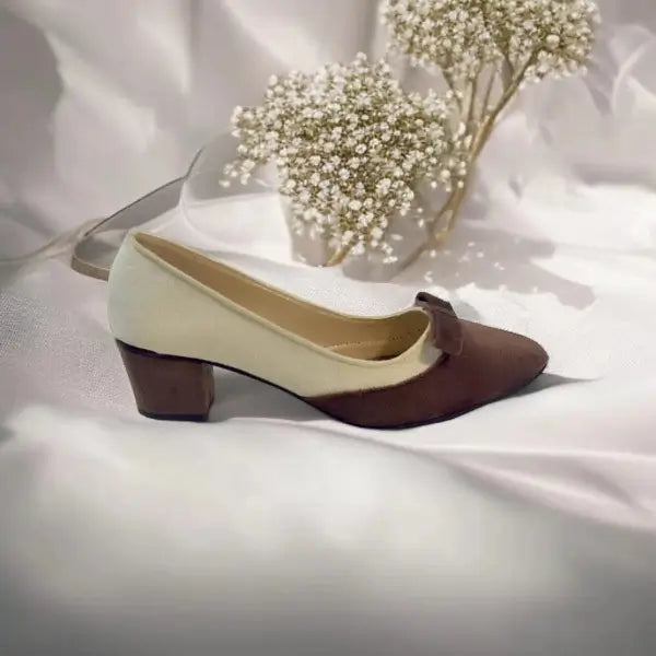 White & Brown Tie Block Heel Pump PIU_112 amarah rexine ladies shoes PumpItUp.pk