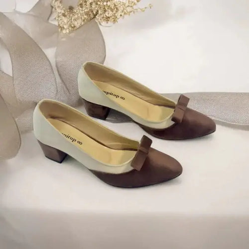 White & Brown Tie Block Heel Pump PIU_112 amarah rexine ladies shoes PumpItUp.pk