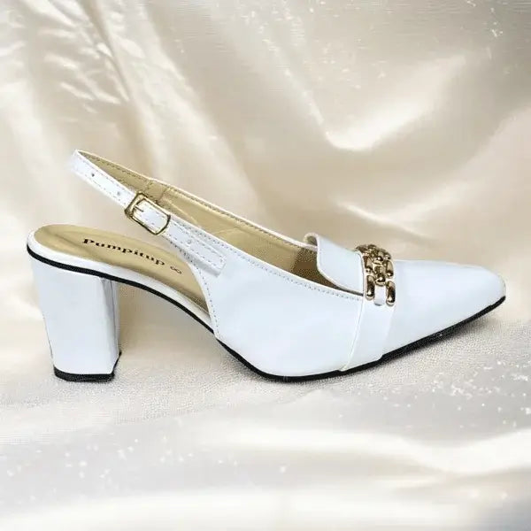 White Dove Slingback Block Heel PIU 258  sofa rexine ladies shoes pumpitup.pk