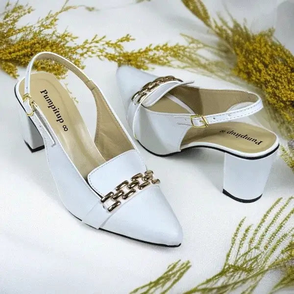 White Dove Slingback Block Heel PIU 258  sofa rexine ladies shoes pumpitup.pk