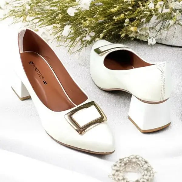 White Elegance Pumps Block Heel PIU_201 Imported Sofa Rexine ladies shoes PumpItUp.pk