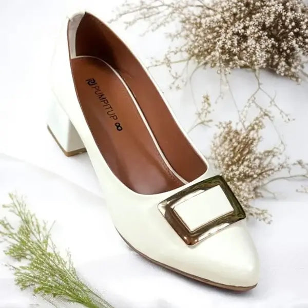White Elegance Pumps Block Heel PIU_201 Imported Sofa Rexine ladies shoes PumpItUp.pk