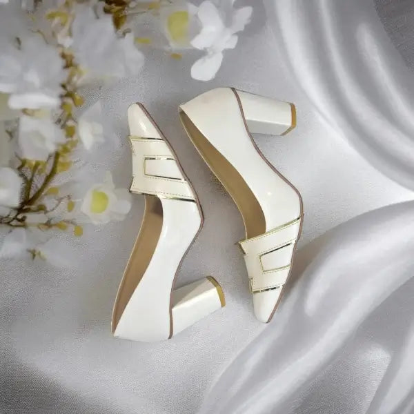White H Block Heel Court Shoe PIU_83 shine rexine ladies shoes PumpItUp.pk