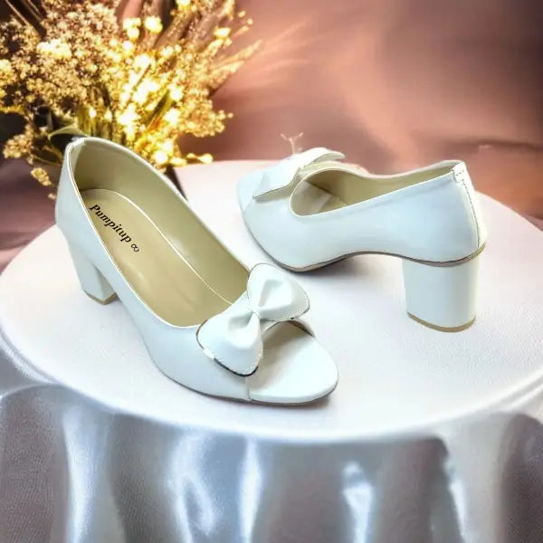 White Whisper Peep Toe Block Heel PIU_181 White Patent Rexine ladies shoes PumpItUp.pk