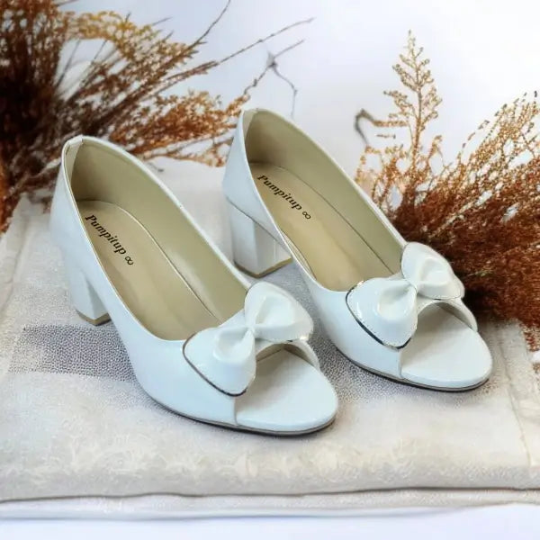 White Whisper Peep Toe Block Heel PIU_181 White Patent Rexine ladies shoes PumpItUp.pk