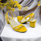 Yellow X Block Heel Sandal PIU_176 patent rexine ladies shoes PumpItUp.pk