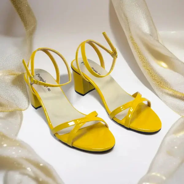 Yellow X Block Heel Sandal PIU_176 patent rexine ladies shoes PumpItUp.pk